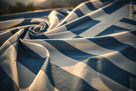 Blue and white striped fabric on the beach. Vintage tone. Selective focus.の写真素材