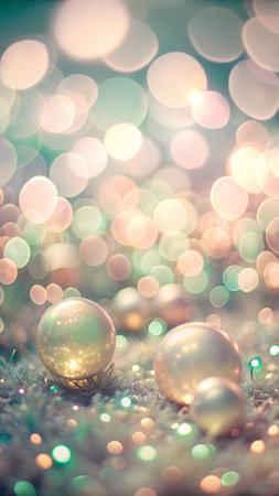 Christmas background with bokeh defocused lights and golden Christmas ballsの写真素材