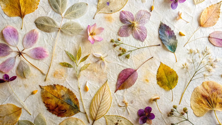 Autumn background with dry leaves and flowers. Flat lay, top view.