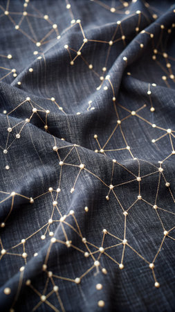 Close up of black fabric texture background with connecting lines and dots.の写真素材