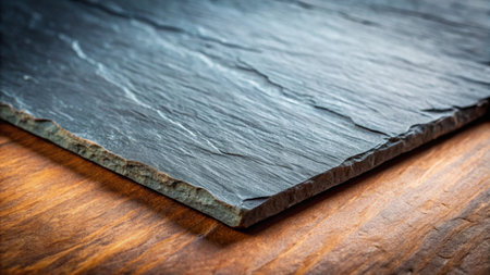 Black slate on a wooden background. Selective focus. Toned.の写真素材