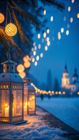 Christmas lanterns on the background of the Kremlin, Moscow, Russiaの写真素材