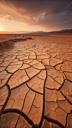 Dry and cracked earth in the desert at sunset. Global warming conceptの写真素材