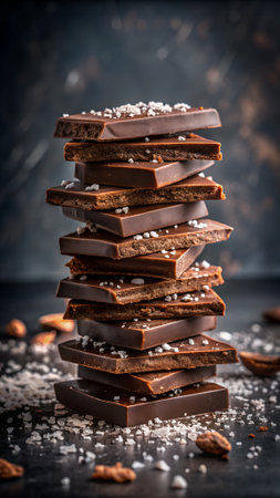Pile of chocolate bars with nuts and sea salt on dark backgroundの写真素材