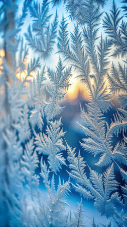 Frosty natural pattern on a window glass. Winter background.の写真素材