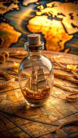 Sailing ship in a bottle on a map. Travel concept.の写真素材