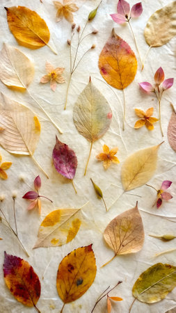 Autumn leaves on a white sheet of paper as a background.