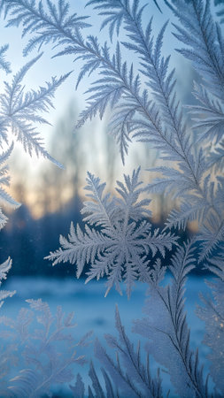 Frosty natural pattern on winter window glass. Beautiful winter backgroundの写真素材