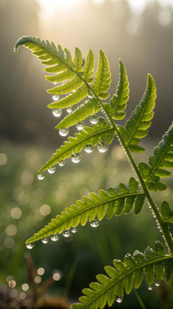 Fern leaf with dew drops in morning sunlight. Nature backgroundの写真素材