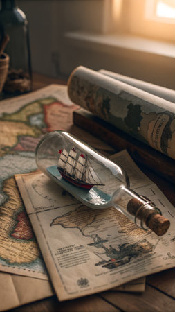 Sailing boat in a bottle on an old map. Travel conceptの写真素材