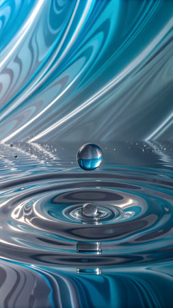 Water drop on blue water surface with ripples. 3d renderの写真素材
