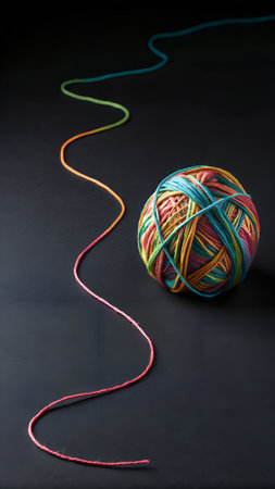 colorful yarn ball on black background with copy space for your textの写真素材