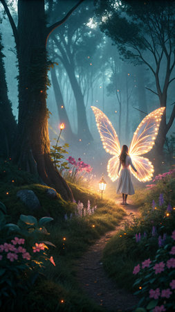Fantasy fairy tale scene with a girl in the magic forest.の写真素材