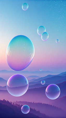 Soap bubbles on the background of mountains and fog. Vector illustration.