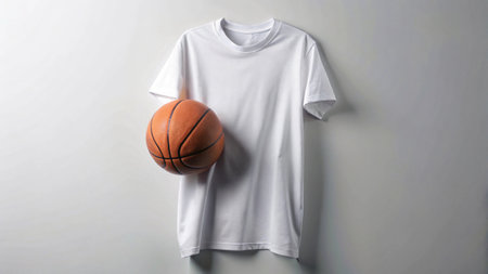 White t-shirt mockup with basketball ball on gray wall background