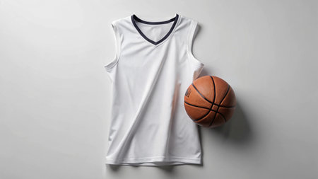 White t-shirt and basketball ball on grey background, top view