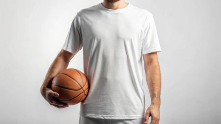Basketball player in white t-shirt holding ball on white backgroundの写真素材