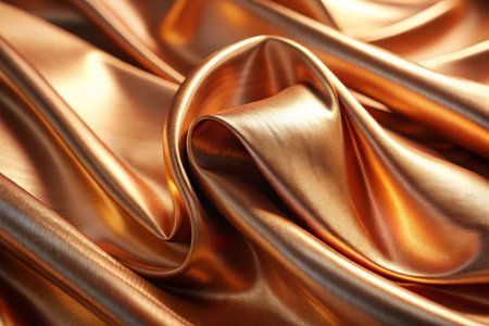 closeup of rippled golden satin fabric background studio shotの写真素材
