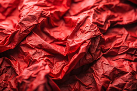 Texture of crumpled red paper as background, closeup viewの写真素材