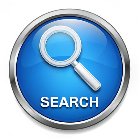 A magnifying glass icon with the word search on a white background