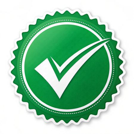 Green round badge with check mark icon, isolated on white background.の写真素材