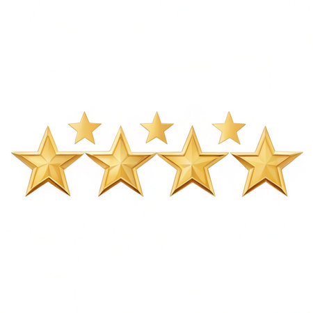 Five golden stars rating isolated on white background with clipping path. Top view.