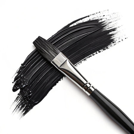 Paint brush with black paint stroke isolated on white background. Top view.の写真素材