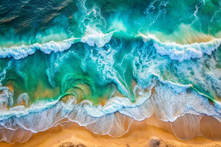 Aerial view of beautiful ocean waves crashing on the beach. Top view