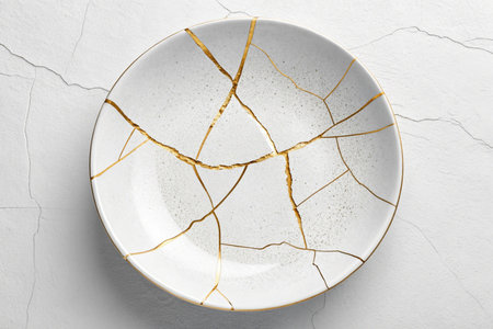 Top view of empty plate on white textured background with cracked surface