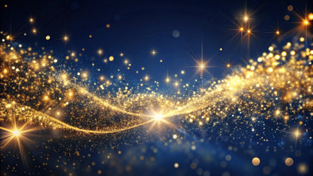 golden christmas abstract background with bokeh lights and starsの写真素材