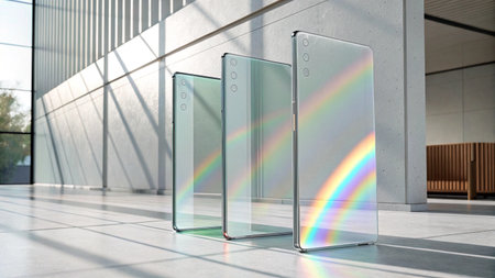 3d render of a transparent glass door with a rainbow in the background