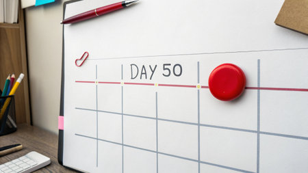 Calendar with the date of the day of the week and a red pushpinの写真素材
