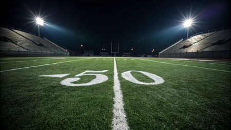 Football stadium at night with green grass and numbers 50 in the foreground