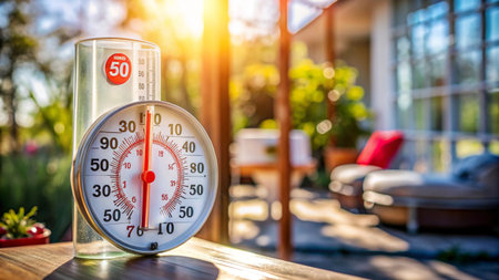 Thermometer in outdoor setting with sun flare, Vintage toneの写真素材