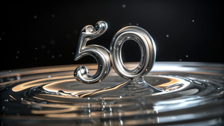 Number 50 made of water drops on a black background. 3d renderの写真素材