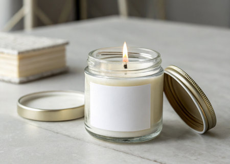 Candle holder with blank label on table, closeup. Space for textの写真素材
