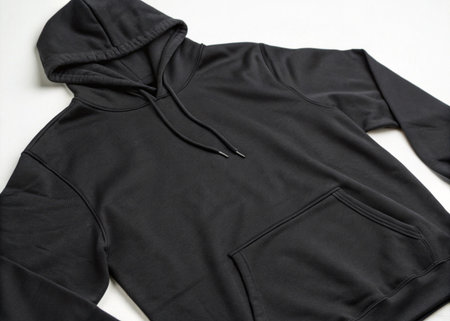 Black hoodie isolated on white background. Top view. Flat lay.の写真素材