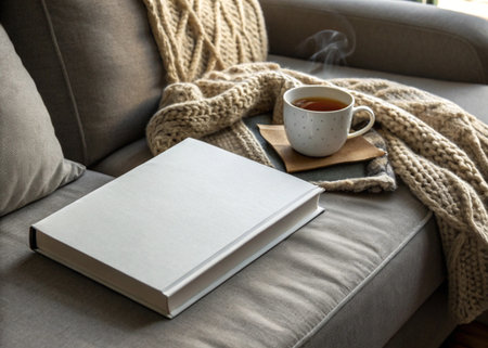 Cup of coffee with book and scarf on sofa in living roomの写真素材