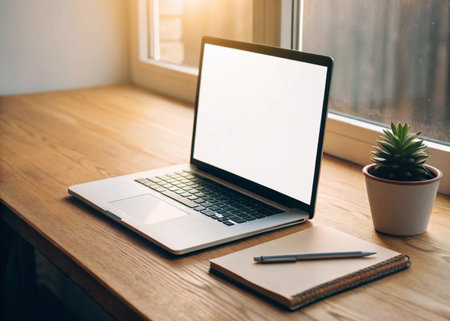 Laptop with blank screen on wooden table with notebook and pen.