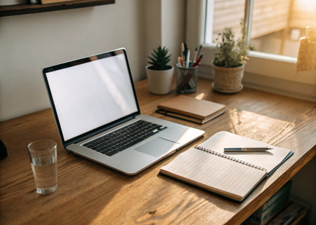Laptop, notepad and glasses on wooden table at home officeの写真素材