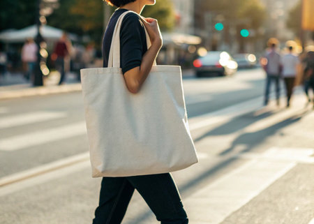 Close-up of a young woman with a shopping bag on the streetの写真素材
