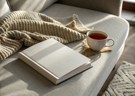 Cup of tea and book on sofa in living room at homeの写真素材
