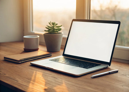 Laptop with blank screen and coffee cup on wooden table at home.