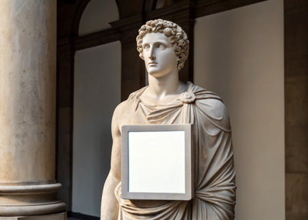 Statue of a Greek goddess with a blank signboard in a museum.の写真素材