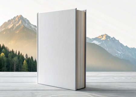 Blank book on a wooden table with mountains in the background. 3d renderingの写真素材