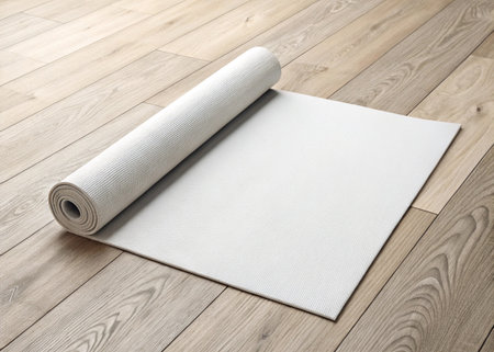 Roll of white yoga mat on a wooden floor, close-upの写真素材