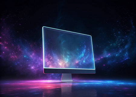Computer display in abstract space background. 3D Rendering mock up