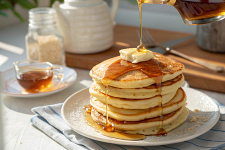 Pancakes with maple syrup and honey on a white plate.の写真素材