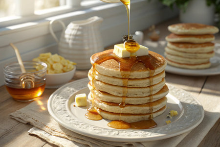 Pancakes with butter and honey on a plate on a wooden table