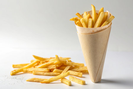 Golden French fries in paper cone on white background. Fast food concept